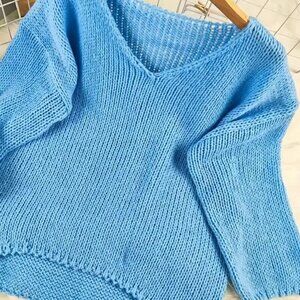 Dusty Blue V-Neck Oversized Knit Pullover Sweater Plus Size